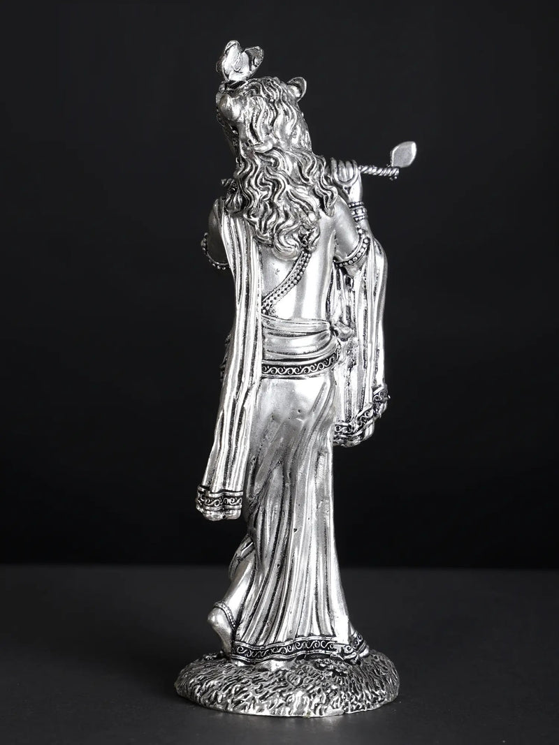 Silver-Plated Brass Statue of Lord Krishna Playing the Flute 7 inches