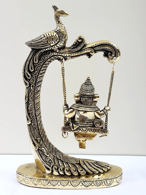 Brass Lord Ganesha on a Peacock-Design Swing 9 inches Study Setting