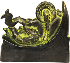 Back view of brass-black Ganesha idol on crescent moon base, green ornamental finish