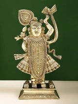 Natural brass Shri Krishna as Shrinath Ji sculpture, raised right hand holding flute