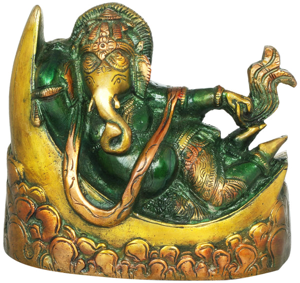 Brass Henna touch Idol of Ganesha Relaxing on a Crescent Moon 4 inches