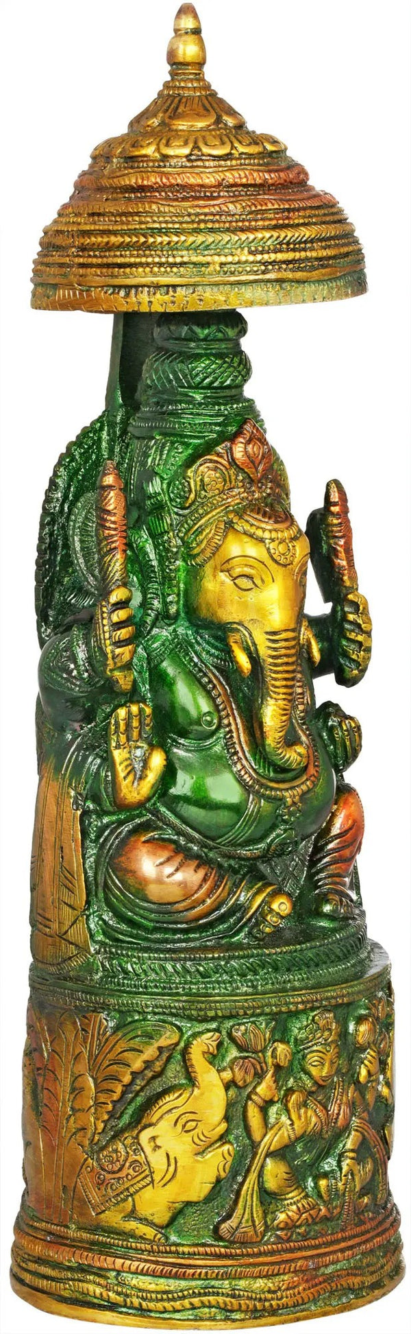 Brass Amazing henna touch King Ganesha with Lakshmi Ji Carved on Pedestal 10 inches