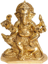 Lord Ganesha brass statuette, seated on rat, raised arms, 9 cm