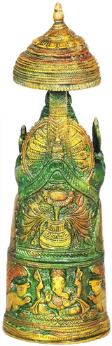 Brass Ganesha figurine relief pedestal, close front view of carved figures