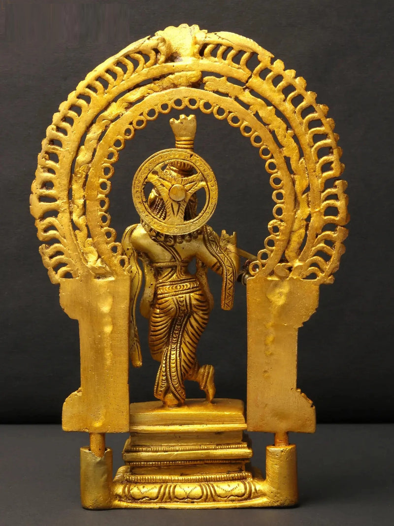 Brass Idol of Lord Krishna Playing the Flute on a Kirtimukha Pedestal 8 inches