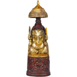 Ganesha with Lakshmi carved on brass-red pedestal, 10-inch