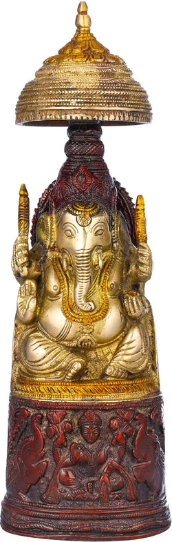 Brass Red Gold King Ganesha with Lakshmi Ji Carved on Pedestal 10 inches