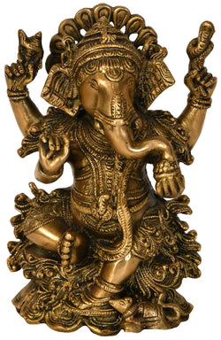 Brass Statue of Ganesha Seated on a Lotus 7 inches