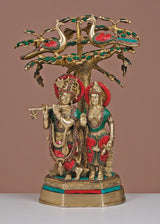 Brass Radha-Krishna sculpture under tree, colorful inset work, 19-inch standing