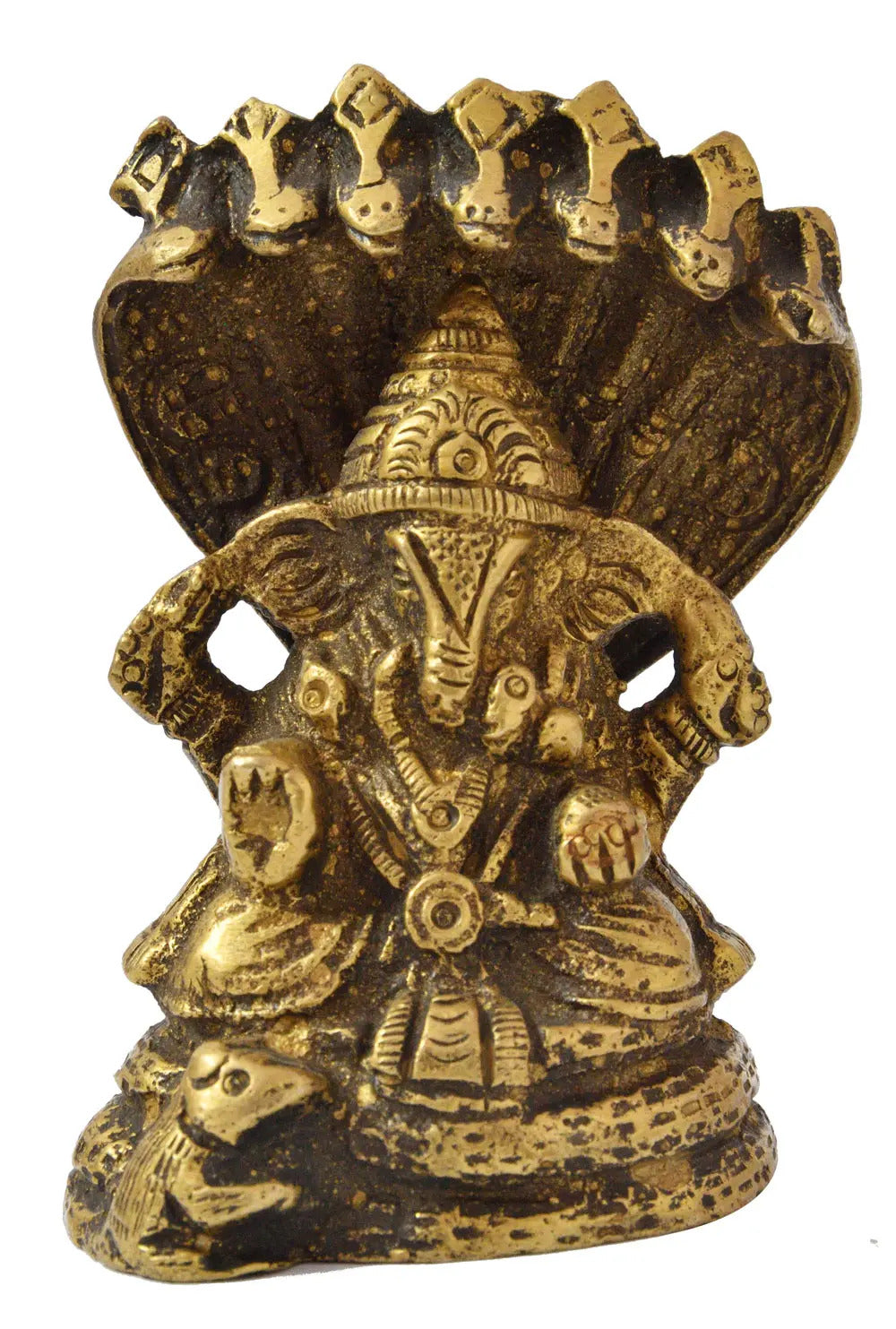 Ganesha idol with seven-hooded serpent canopy, gold tone, handmade