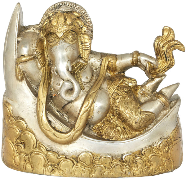 Brass silver gold Idol of Ganesha Relaxing on a Crescent Moon 4 inches