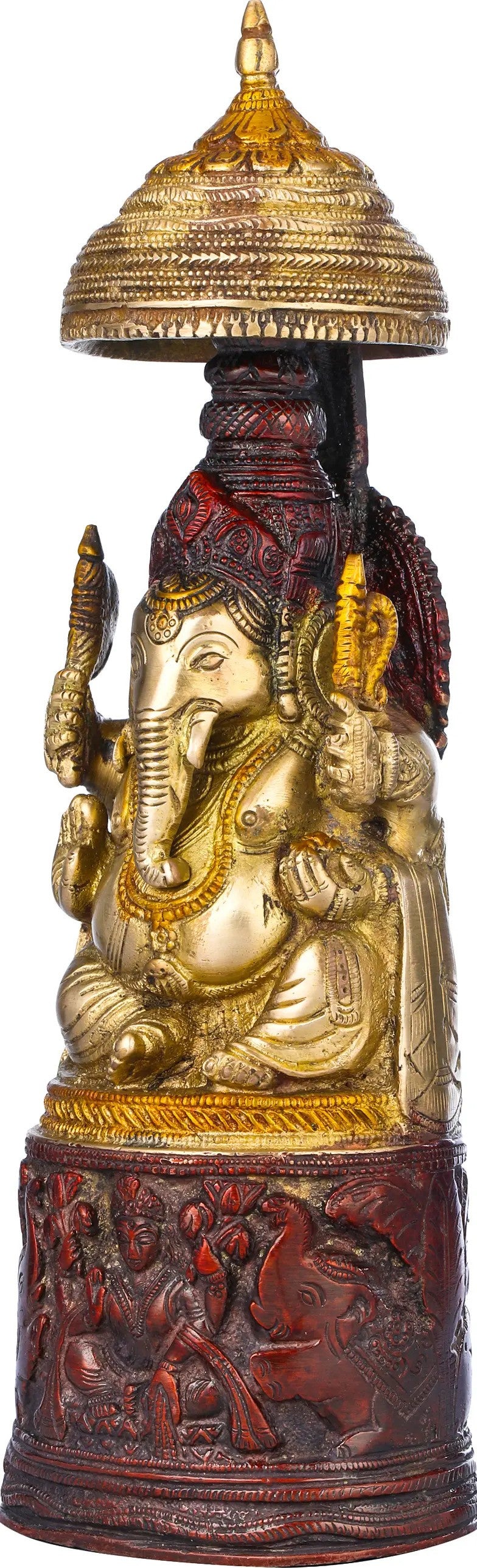 Brass Red Gold King Ganesha with Lakshmi Ji Carved on Pedestal 10 inches Craft Detail