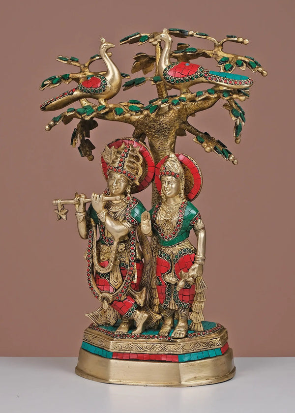 Brass Sculpture of Radha Krishna Standing Under a Tree with Inlay Work 19 inches