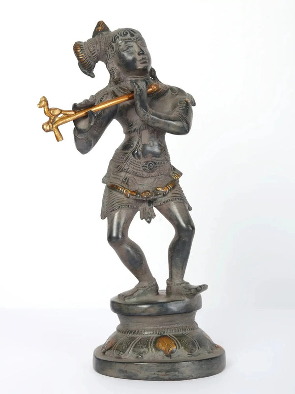 Brass Statue of Lord Krishna Playing the Flute on a Pedestal 11 inches