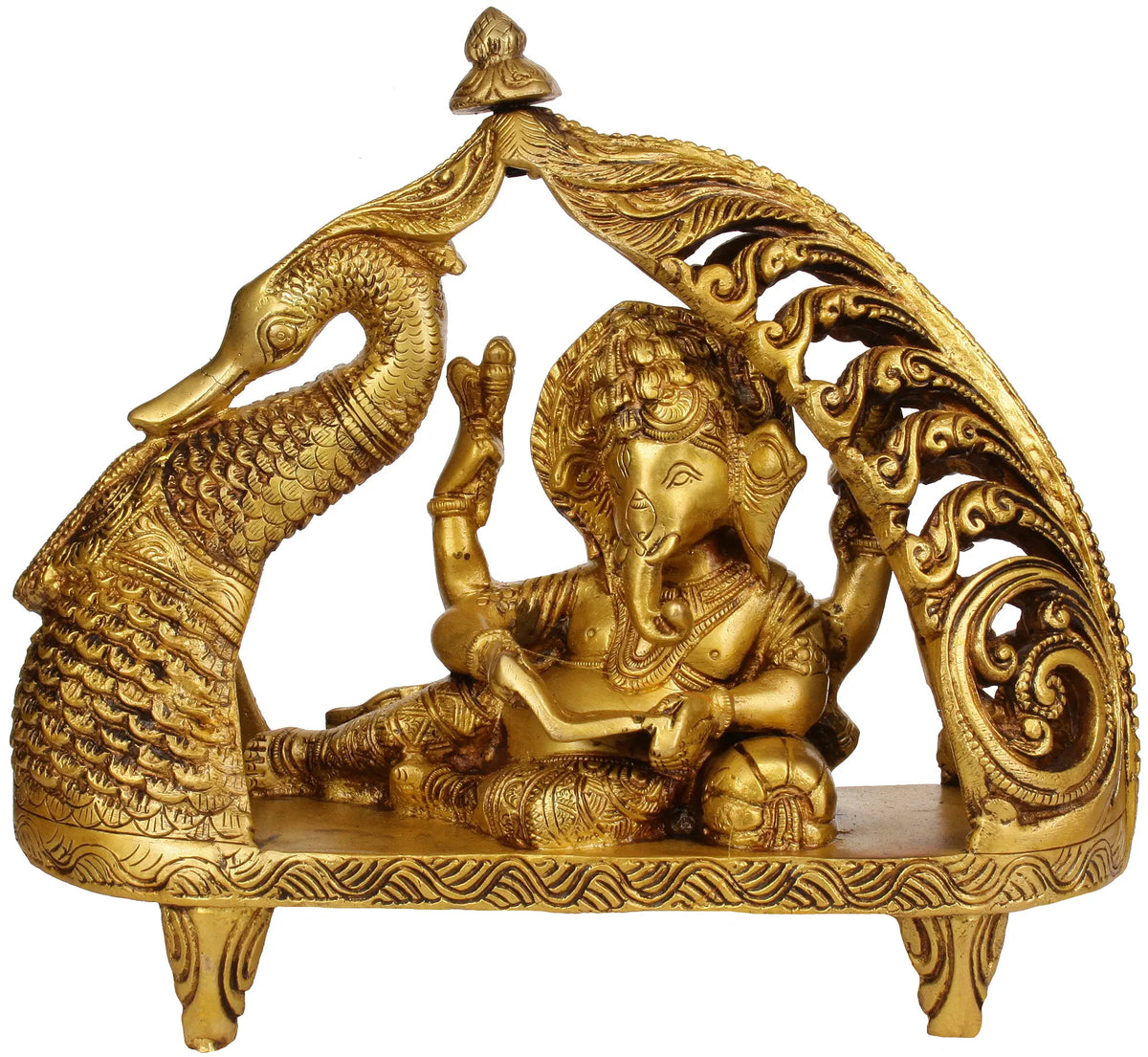 AONA handmade brass Lord Ganesha statue in swan-drawn chariot, seated view, 9 inches
