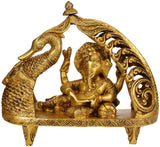 AONA handmade brass Lord Ganesha statue in swan-drawn chariot, seated view, 9 inches