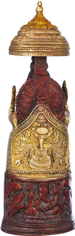 Top view of Ganesha statue with gold crown and red carved pedestal, 10-inch