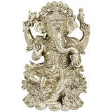 AONA silvery Ganesha statue with multiple arms, seated on a lotus, raised hands