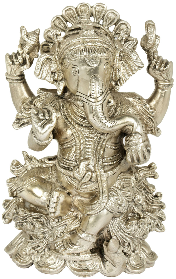 Brass Silver Statue of Ganesha Seated on a Lotus 7 inches