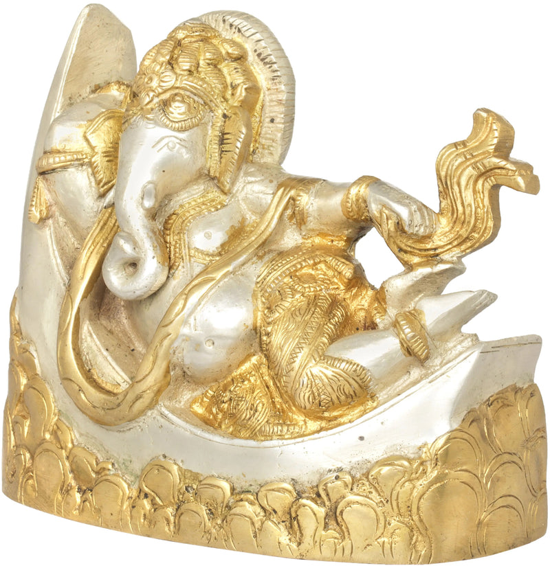 Brass silver gold Idol of Ganesha Relaxing on a Crescent Moon 4 inches