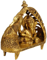 Brass Lord Ganesha statue in chariot with swan, detailed arch and seated figure, 9 inches