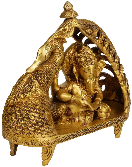 Handmade brass statue of Lord Ganesha in a chariot drawn by a swan 9 inches