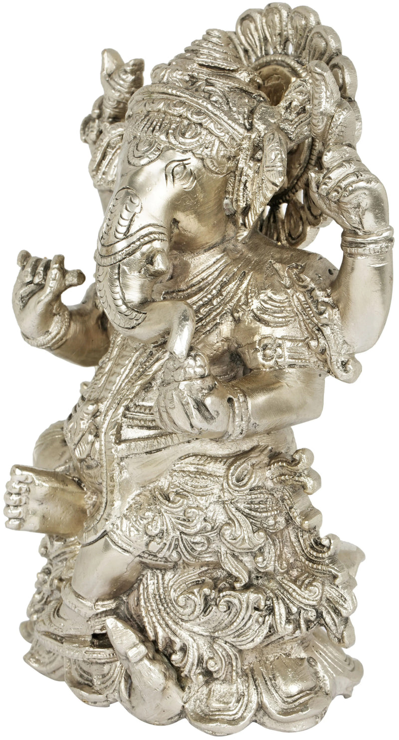 Brass Silver Statue of Ganesha Seated on a Lotus 7 inches