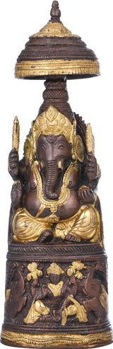 AONA brass-brown Ganesha statue with gold pedestal, 10-inch carved detail
