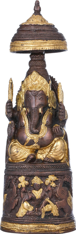 Brass Brown Gold King Ganesha with Lakshmi Ji Carved on Pedestal 10 inches