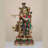 Brass Krishna flute sculpture with cow, colorful accents, 17 in