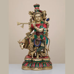 Brass Krishna flute sculpture with cow, colorful accents, 17 in