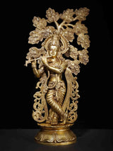Brass Lord Krishna flute statue, ornate tree backdrop, 23-inch decor piece