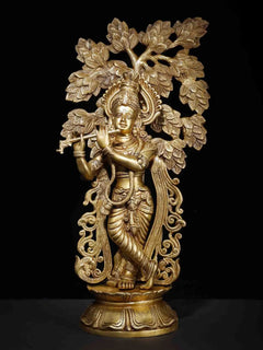 Brass Lord Krishna flute statue, ornate tree backdrop, 23-inch decor piece