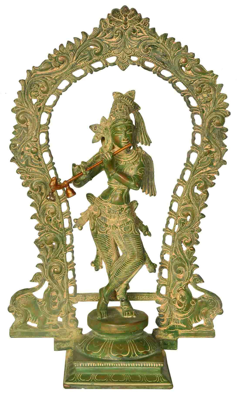 Handmade Brass Statue of Lord Krishna with Aureole 18 Inches