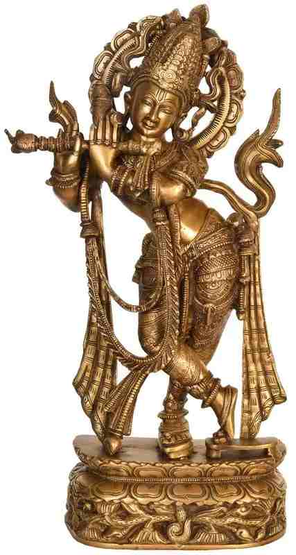 Handmade natural Brass Statue of Venugopala (Flute-Playing Krishna) Wearing Khadau 22 INCHES