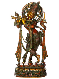 Handmade brass Krishna statue with flute, tribhanga pose, ornate detailing, 23 in