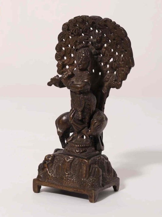 Small Brass Statue of Lord Venugopal (Krishna) Playing Flute with Cow 5 inches