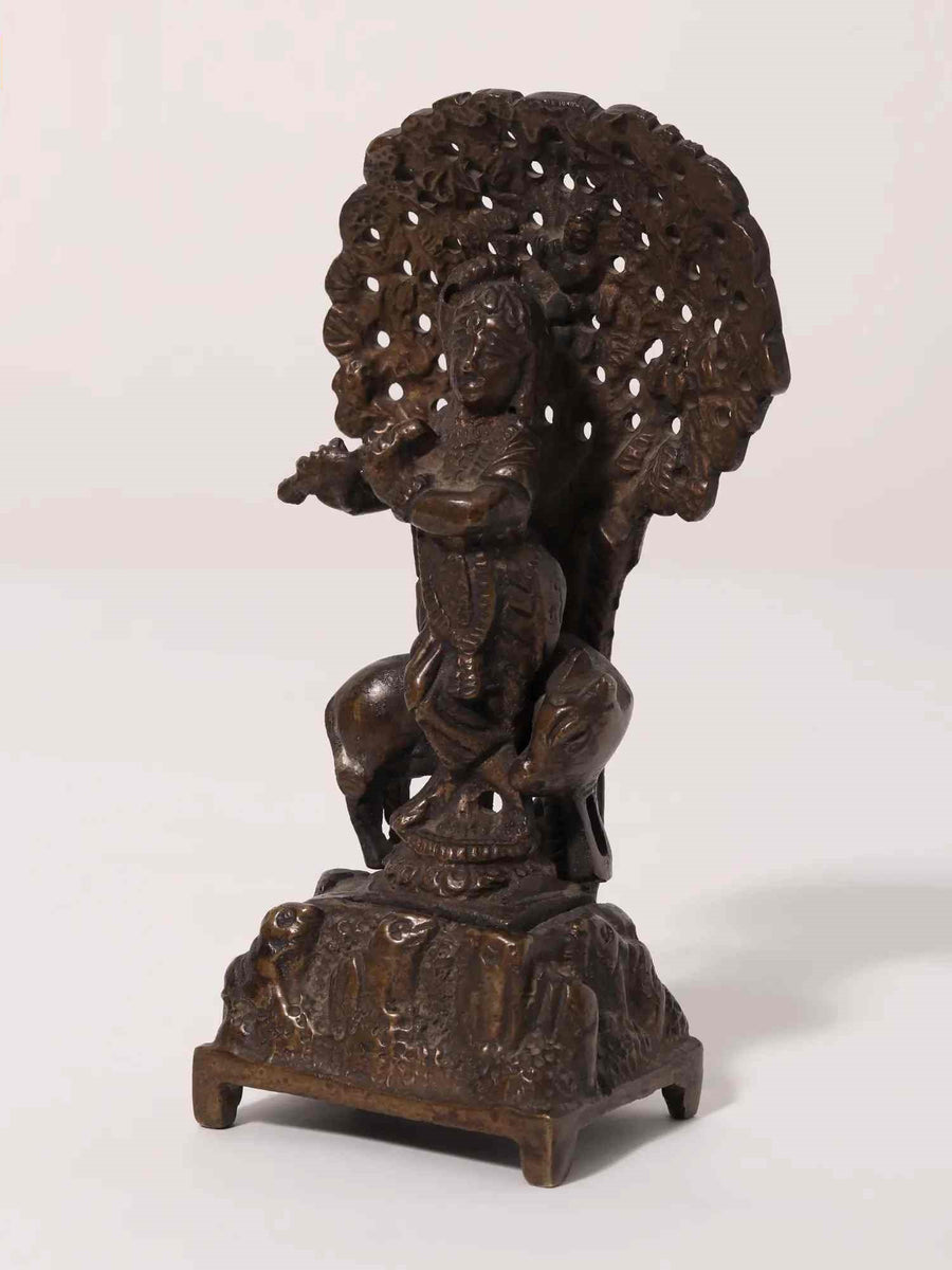 Small Brass Statue of Lord Venugopal (Krishna) Playing Flute with Cow 5 inches Craft Detail