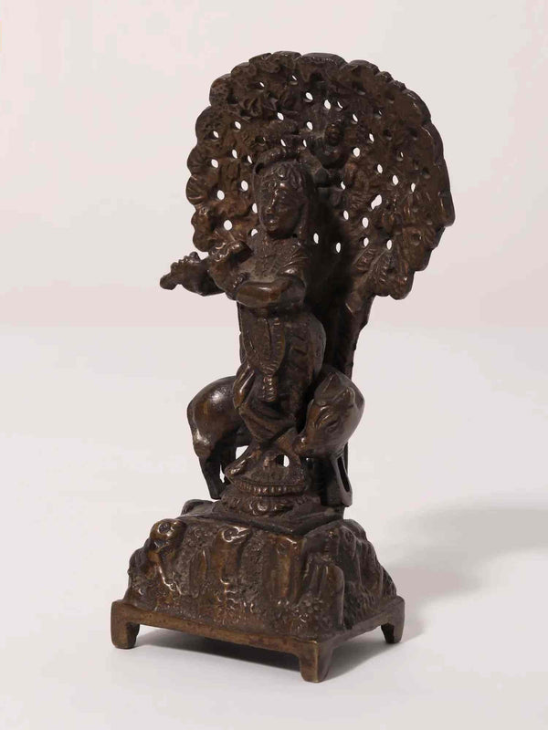 Small Brass Statue of Lord Venugopal (Krishna) Playing Flute with Cow 5 inches