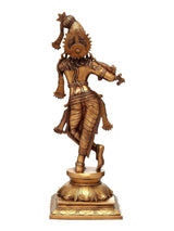 Krishna brass flute-playing statue, intricate engravings and crown, back/side view
