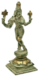 Patina gold brass Lord Murli Krishna figure on square base, two arms extended