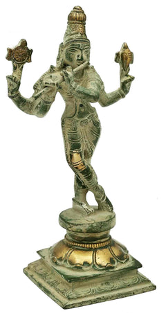 Patina gold brass Lord Murli Krishna figure on square base, two arms extended