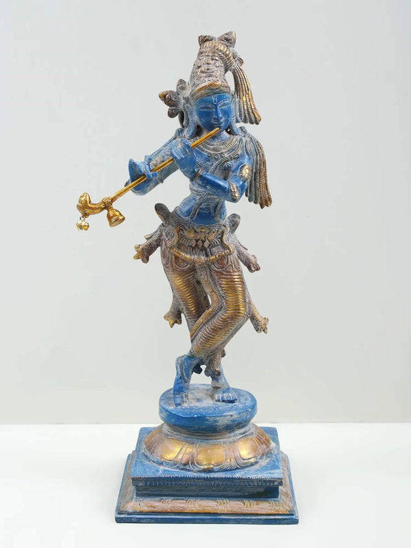 Blue gold Brass Statue of Standing Lord Krishna Playing the Flute 14 inches