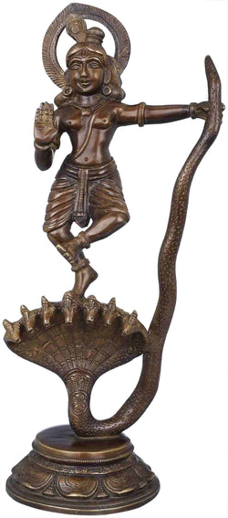 Brown chala Brass Statue Depicting Kaliya Vijaya Lila of Shri Krishna 13 inches