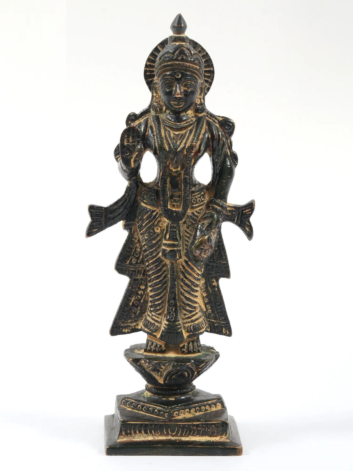 Antique black brass Radha Ji statue, front view, small 5-inch figure with crown