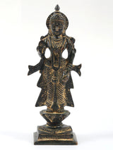 Antique black brass Radha Ji statue, front view, small 5-inch figure with crown