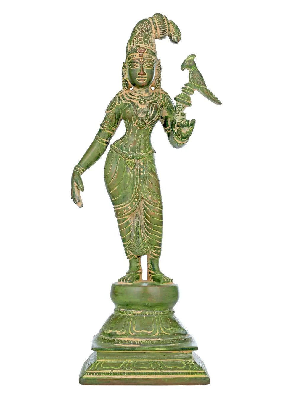 Mud green Brass Statue of Devi Andal / Goda Devi Holding a Parrot 12 inches