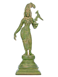 Mud green brass statue of Devi Andal holding a parrot, 12 in tall