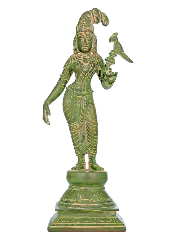 Mud green Brass Statue of Devi Andal / Goda Devi Holding a Parrot 12 inches
