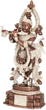 Krishna brass flute statue with detailed floral halo, raised hand and jewelry, front view